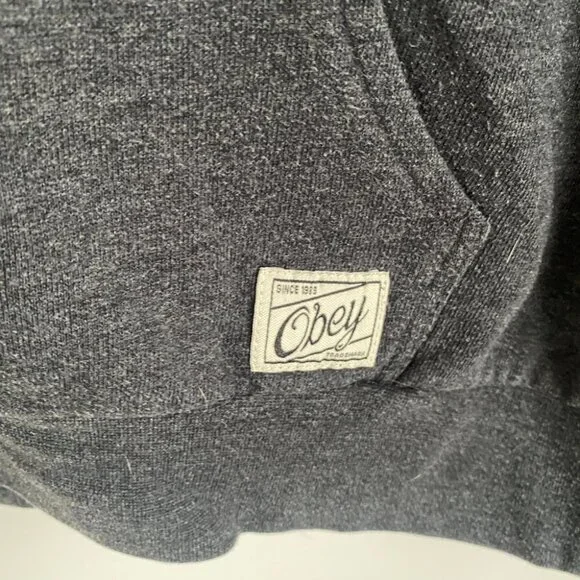 Obey Black and Grey Long Sleeve Pocket Hoodie Sweatshirt Size Medium - Picture 2 of 7